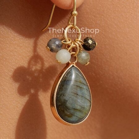 Handcrafted crystal dangle jewelry for women showcasing 18K gold plated fish hook cluster and natural Labradorite teardrop stones