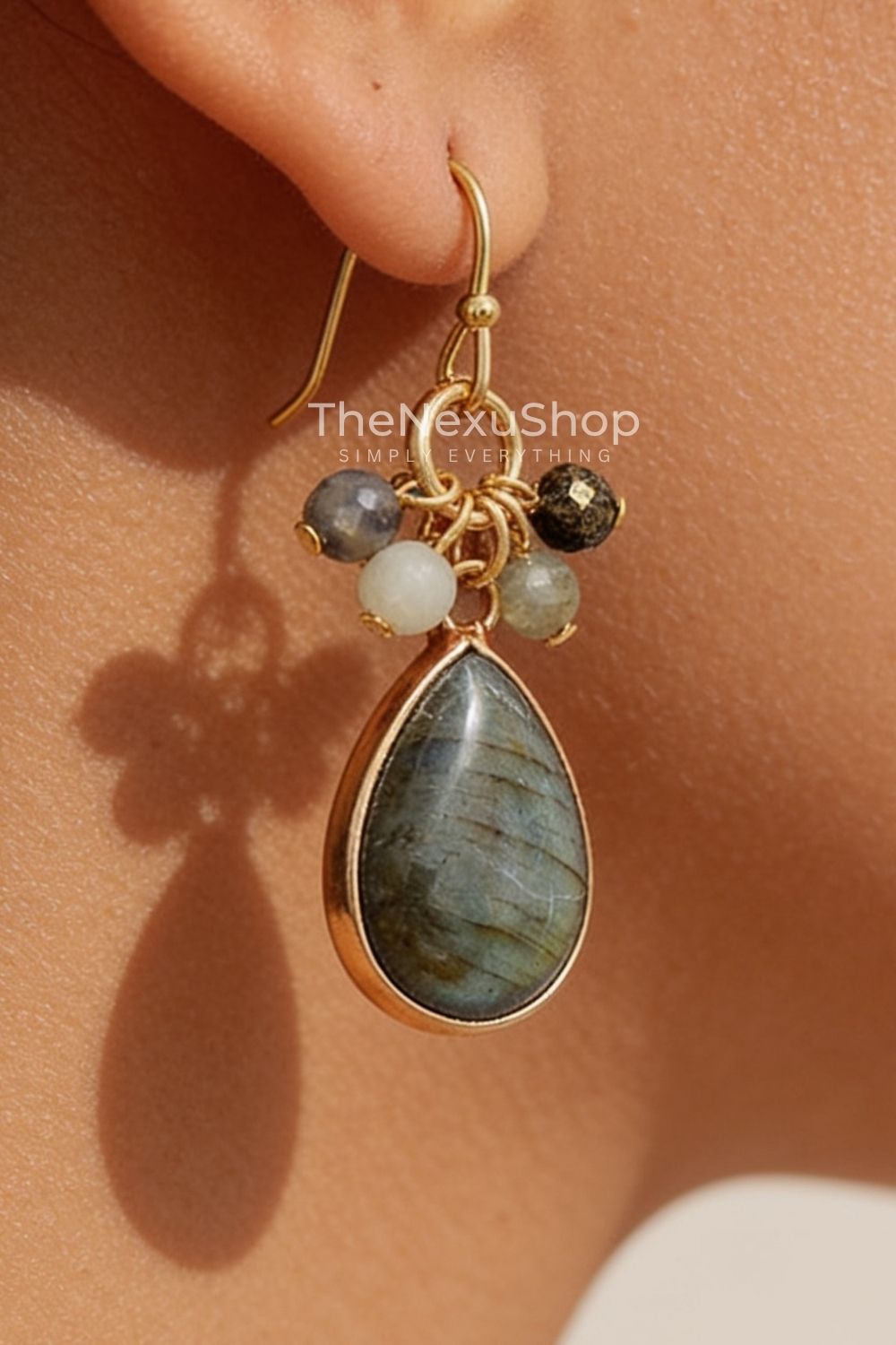 Handcrafted crystal dangle jewelry for women showcasing 18K gold plated fish hook cluster and natural Labradorite teardrop stones