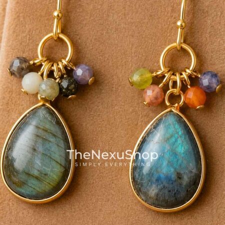 Boho Labradorite teardrop earrings featuring 18K gold plated fish hook cluster dangle jewelry for women