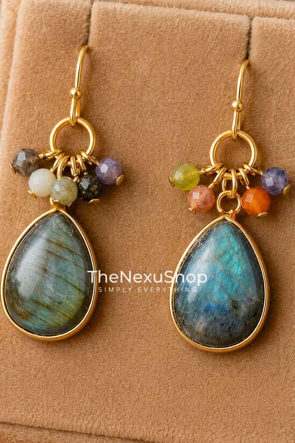 Boho Labradorite teardrop earrings featuring 18K gold plated fish hook cluster dangle jewelry for women